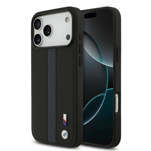 BMW BMW iPhone 17 Pro Max/iPhone 18 Pro Max Coque arrière Similicuir PU bandes bleues perforées logos métalliques - Noir
