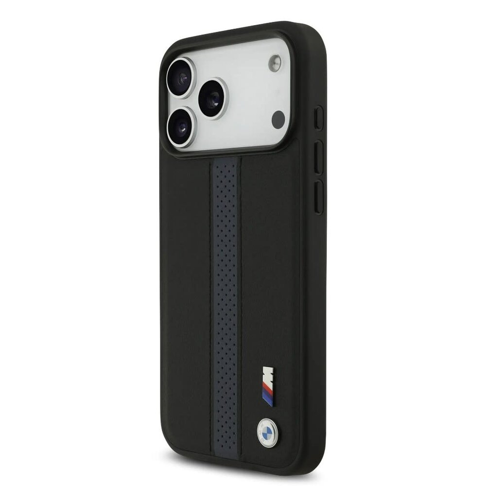 BMW BMW iPhone 17 Pro Max Back cover coque - PU Leather Case With Perforated Blue Stripes & Metal Logos - Noir BMW BMW iPhone 17 Pro Max Back cover coque - PU Leather Case With Perforated Blue Stripes & Metal Logos - Noir