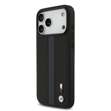 BMW BMW iPhone 17 Pro Max Backcover hoesje - PU Leather Case With Perforated Blue Stripes & Metal Logos - Zwart