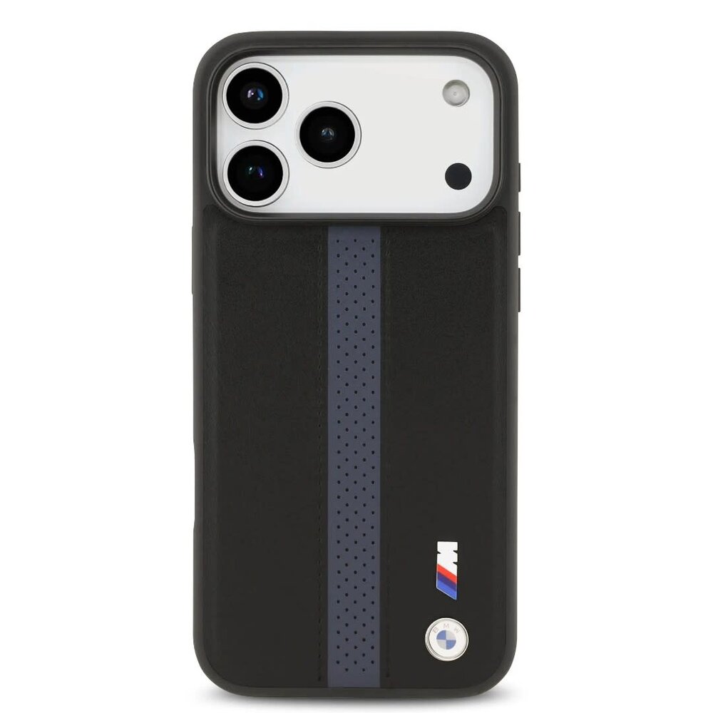 BMW BMW iPhone 17 Pro Max Backcover hoesje - PU Leather Case With Perforated Blue Stripes & Metal Logos - Zwart