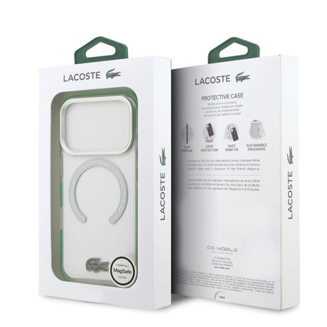 Lacoste Lacoste iPhone 17 Pro Max Backcover hoesje - MagSafe - Frosted Finish - Green Edge - Transparant Lacoste Lacoste iPhone 17 Pro Max Backcover hoesje - MagSafe - Frosted Finish - Green Edge - Transparant