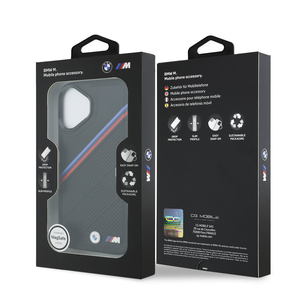 BMW BMW iPhone 17 Backcover hoesje - MagSafe - PU Leather Case With Tricolor Slanted Stripes & Metal Logos - Zwart BMW BMW iPhone 17 Backcover hoesje - MagSafe - PU Leather Case With Tricolor Slanted Stripes & Metal Logos - Zwart