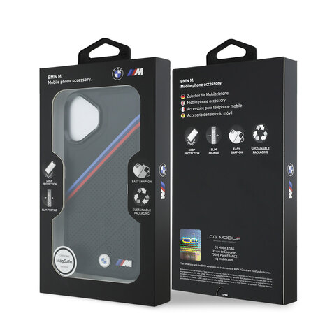 BMW BMW iPhone 17 Backcover hoesje - MagSafe - PU Leather Case With Tricolor Slanted Stripes & Metal Logos - Zwart BMW BMW iPhone 17 Backcover hoesje - MagSafe - PU Leather Case With Tricolor Slanted Stripes & Metal Logos - Zwart