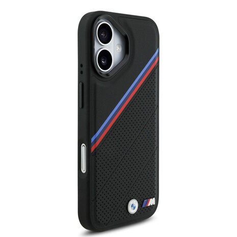 BMW BMW iPhone 17 Backcover hoesje - MagSafe - PU Leather Case With Tricolor Slanted Stripes & Metal Logos - Zwart BMW BMW iPhone 17 Backcover hoesje - MagSafe - PU Leather Case With Tricolor Slanted Stripes & Metal Logos - Zwart