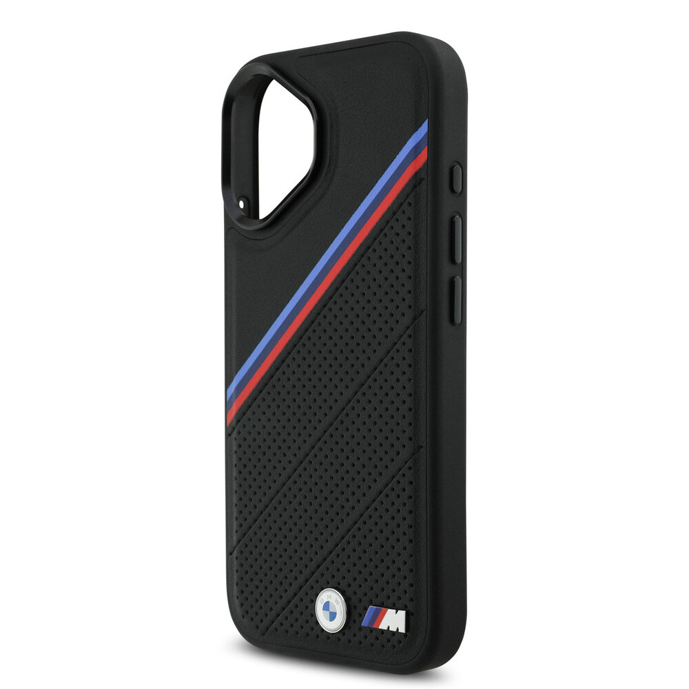 BMW BMW iPhone 17 Backcover hoesje - MagSafe - PU Leather Case With Tricolor Slanted Stripes & Metal Logos - Zwart BMW BMW iPhone 17 Backcover hoesje - MagSafe - PU Leather Case With Tricolor Slanted Stripes & Metal Logos - Zwart