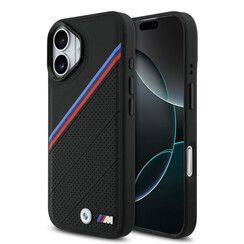 BMW iPhone 17 Back cover case - MagSafe - PU Leather Case With Tricolor Slanted Stripes & Metal Logos - Black