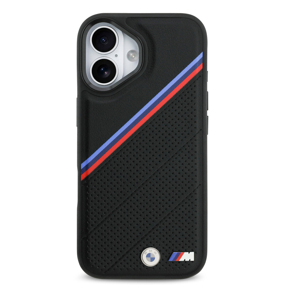 BMW BMW iPhone 17 Backcover hoesje - MagSafe - PU Leather Case With Tricolor Slanted Stripes & Metal Logos - Zwart BMW BMW iPhone 17 Backcover hoesje - MagSafe - PU Leather Case With Tricolor Slanted Stripes & Metal Logos - Zwart