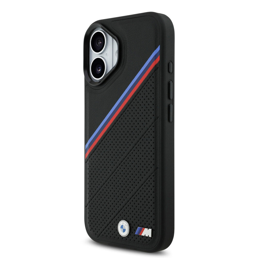BMW BMW iPhone 17 Backcover hoesje - MagSafe - PU Leather Case With Tricolor Slanted Stripes & Metal Logos - Zwart BMW BMW iPhone 17 Backcover hoesje - MagSafe - PU Leather Case With Tricolor Slanted Stripes & Metal Logos - Zwart