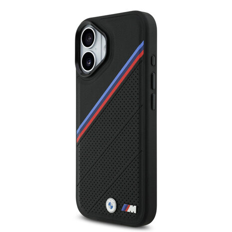BMW BMW iPhone 17 Backcover hoesje - MagSafe - PU Leather Case With Tricolor Slanted Stripes & Metal Logos - Zwart BMW BMW iPhone 17 Backcover hoesje - MagSafe - PU Leather Case With Tricolor Slanted Stripes & Metal Logos - Zwart