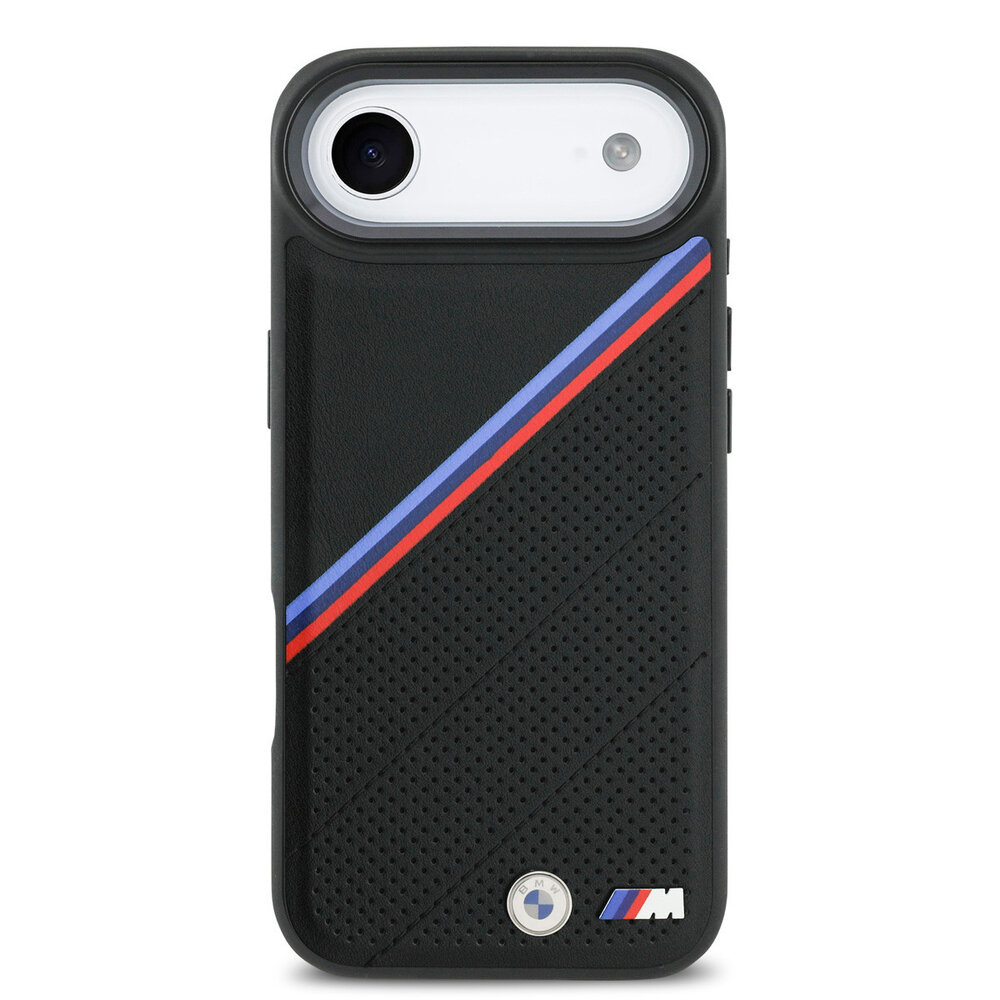 BMW BMW iPhone 17 Air Back-Cover hul - MagSafe - PU Leather Case With Tricolor Slanted Stripes & Metal Logos - Schwarz BMW BMW iPhone 17 Air Back-Cover hul - MagSafe - PU Leather Case With Tricolor Slanted Stripes & Metal Logos - Schwarz