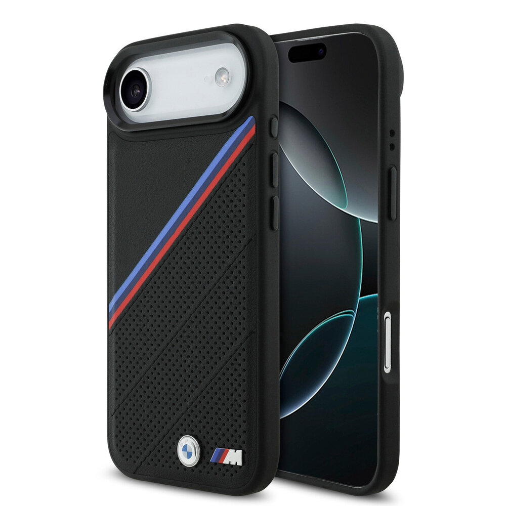 BMW BMW iPhone 17 Air Back cover case - MagSafe - PU Leather Case With Tricolor Slanted Stripes & Metal Logos - Black BMW BMW iPhone 17 Air Back cover case - MagSafe - PU Leather Case With Tricolor Slanted Stripes & Metal Logos - Black