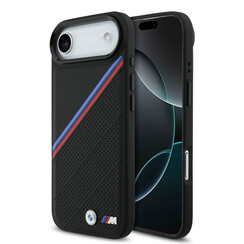 BMW iPhone 17 Air Backcover hoesje - MagSafe - PU Leather Case With Tricolor Slanted Stripes & Metal Logos - Zwart