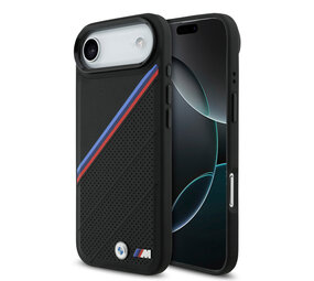 BMW BMW iPhone 17 Air Back-Cover hul - MagSafe - PU Leather Case With Tricolor Slanted Stripes & Metal Logos - Schwarz BMW BMW iPhone 17 Air Back-Cover hul - MagSafe - PU Leather Case With Tricolor Slanted Stripes & Metal Logos - Schwarz
