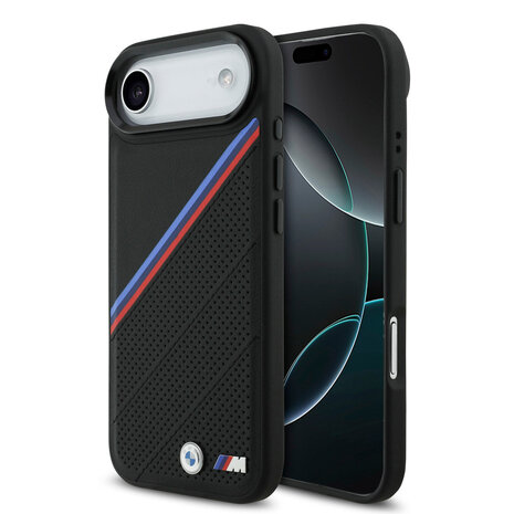 BMW BMW iPhone 17 Air Back cover case - MagSafe - PU Leather Case With Tricolor Slanted Stripes & Metal Logos - Black BMW BMW iPhone 17 Air Back cover case - MagSafe - PU Leather Case With Tricolor Slanted Stripes & Metal Logos - Black