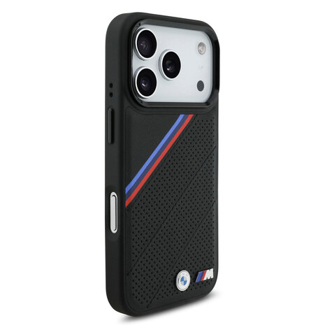 BMW BMW iPhone 17 Pro Back cover coque - MagSafe - PU Leather Case With Tricolor Slanted Stripes & Metal Logos - Noir BMW BMW iPhone 17 Pro Back cover coque - MagSafe - PU Leather Case With Tricolor Slanted Stripes & Metal Logos - Noir
