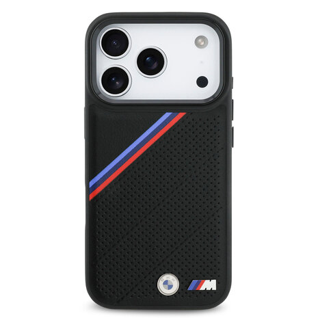 BMW BMW iPhone 17 Pro Back cover coque - MagSafe - PU Leather Case With Tricolor Slanted Stripes & Metal Logos - Noir BMW BMW iPhone 17 Pro Back cover coque - MagSafe - PU Leather Case With Tricolor Slanted Stripes & Metal Logos - Noir