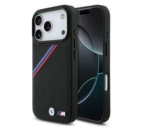 BMW BMW iPhone 17 Pro Back-Cover hul - MagSafe - PU Leather Case With Tricolor Slanted Stripes & Metal Logos - Schwarz BMW BMW iPhone 17 Pro Back-Cover hul - MagSafe - PU Leather Case With Tricolor Slanted Stripes & Metal Logos - Schwarz