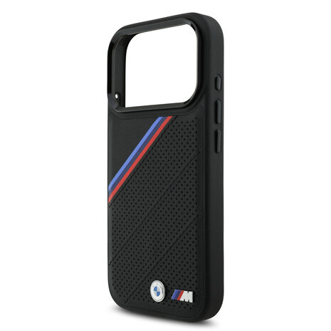 BMW BMW iPhone 17 Pro Back cover coque - MagSafe - PU Leather Case With Tricolor Slanted Stripes & Metal Logos - Noir BMW BMW iPhone 17 Pro Back cover coque - MagSafe - PU Leather Case With Tricolor Slanted Stripes & Metal Logos - Noir