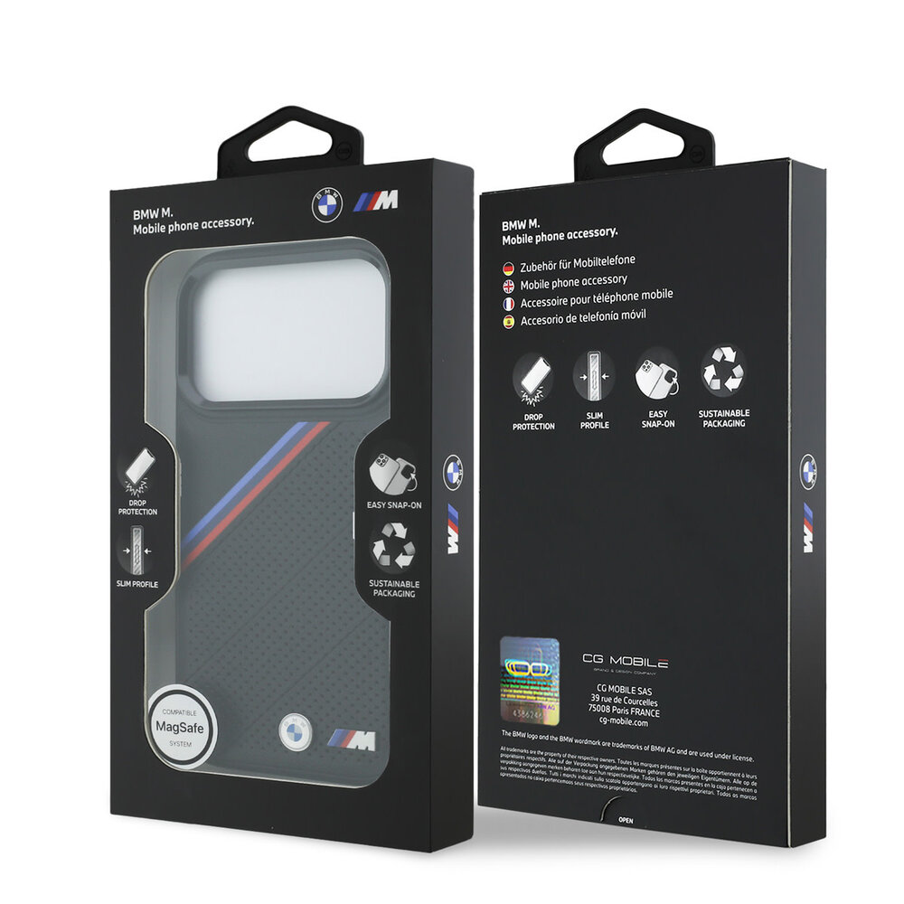 BMW BMW iPhone 17 Pro Back cover coque - MagSafe - PU Leather Case With Tricolor Slanted Stripes & Metal Logos - Noir BMW BMW iPhone 17 Pro Back cover coque - MagSafe - PU Leather Case With Tricolor Slanted Stripes & Metal Logos - Noir
