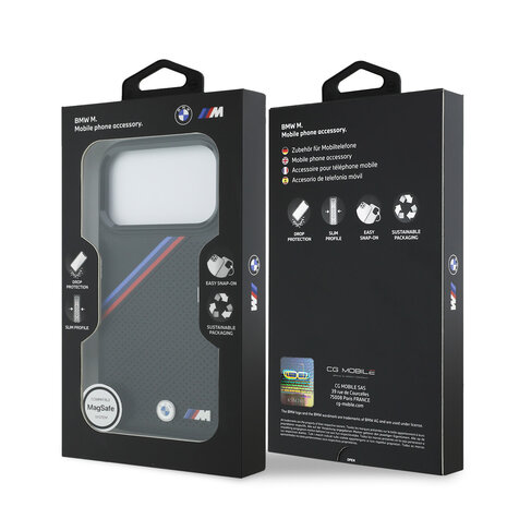 BMW BMW iPhone 17 Pro Back cover coque - MagSafe - PU Leather Case With Tricolor Slanted Stripes & Metal Logos - Noir BMW BMW iPhone 17 Pro Back cover coque - MagSafe - PU Leather Case With Tricolor Slanted Stripes & Metal Logos - Noir