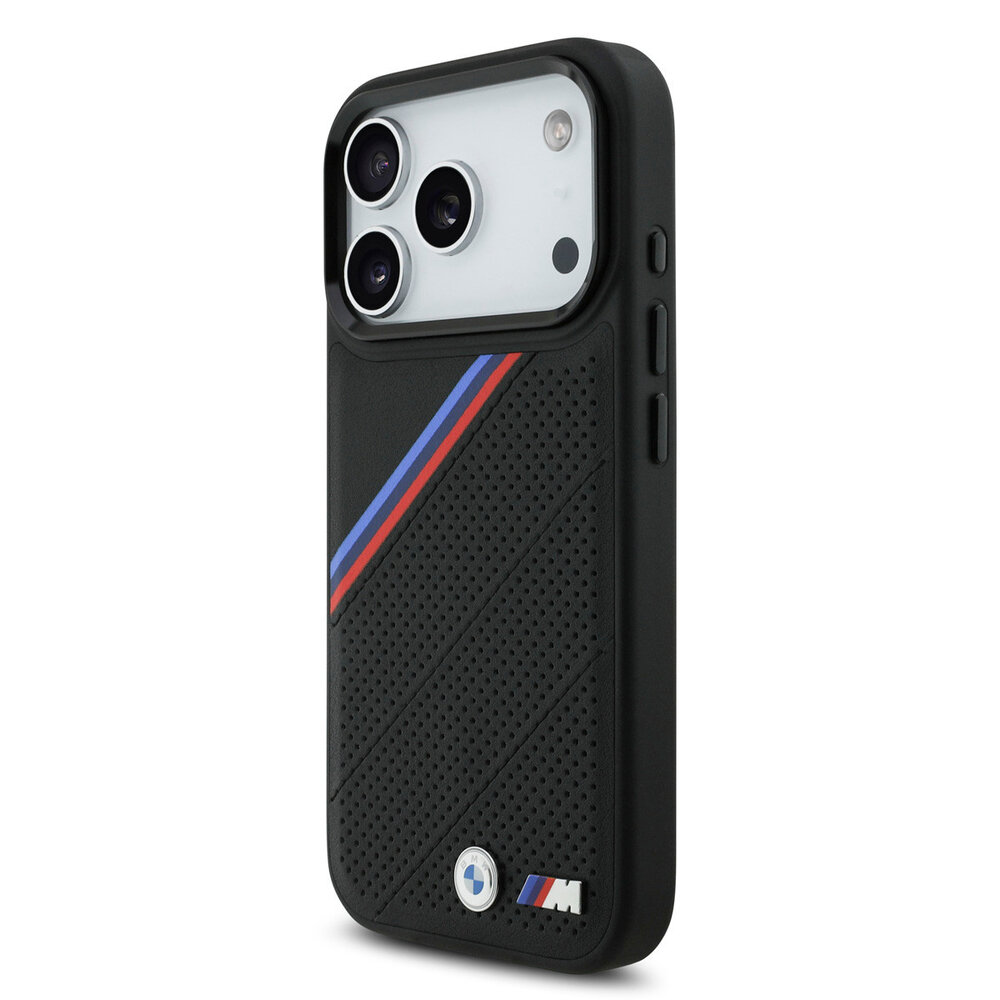 BMW BMW iPhone 17 Pro Back cover coque - MagSafe - PU Leather Case With Tricolor Slanted Stripes & Metal Logos - Noir BMW BMW iPhone 17 Pro Back cover coque - MagSafe - PU Leather Case With Tricolor Slanted Stripes & Metal Logos - Noir