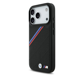 BMW BMW iPhone 17 Pro Back cover coque - MagSafe - PU Leather Case With Tricolor Slanted Stripes & Metal Logos - Noir