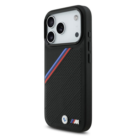 BMW BMW iPhone 17 Pro Back cover coque - MagSafe - PU Leather Case With Tricolor Slanted Stripes & Metal Logos - Noir BMW BMW iPhone 17 Pro Back cover coque - MagSafe - PU Leather Case With Tricolor Slanted Stripes & Metal Logos - Noir