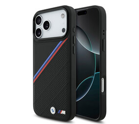 BMW BMW iPhone 17 Pro Max Back cover coque - MagSafe - PU Leather Case With Tricolor Slanted Stripes & Metal Logos - Noir BMW BMW iPhone 17 Pro Max Back cover coque - MagSafe - PU Leather Case With Tricolor Slanted Stripes & Metal Logos - Noir
