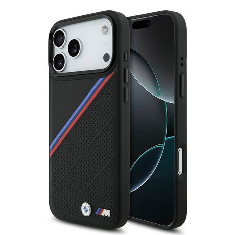 BMW BMW iPhone 17 Pro Max Back cover coque - MagSafe - PU Leather Case With Tricolor Slanted Stripes & Metal Logos - Noir BMW BMW iPhone 17 Pro Max Back cover coque - MagSafe - PU Leather Case With Tricolor Slanted Stripes & Metal Logos - Noir