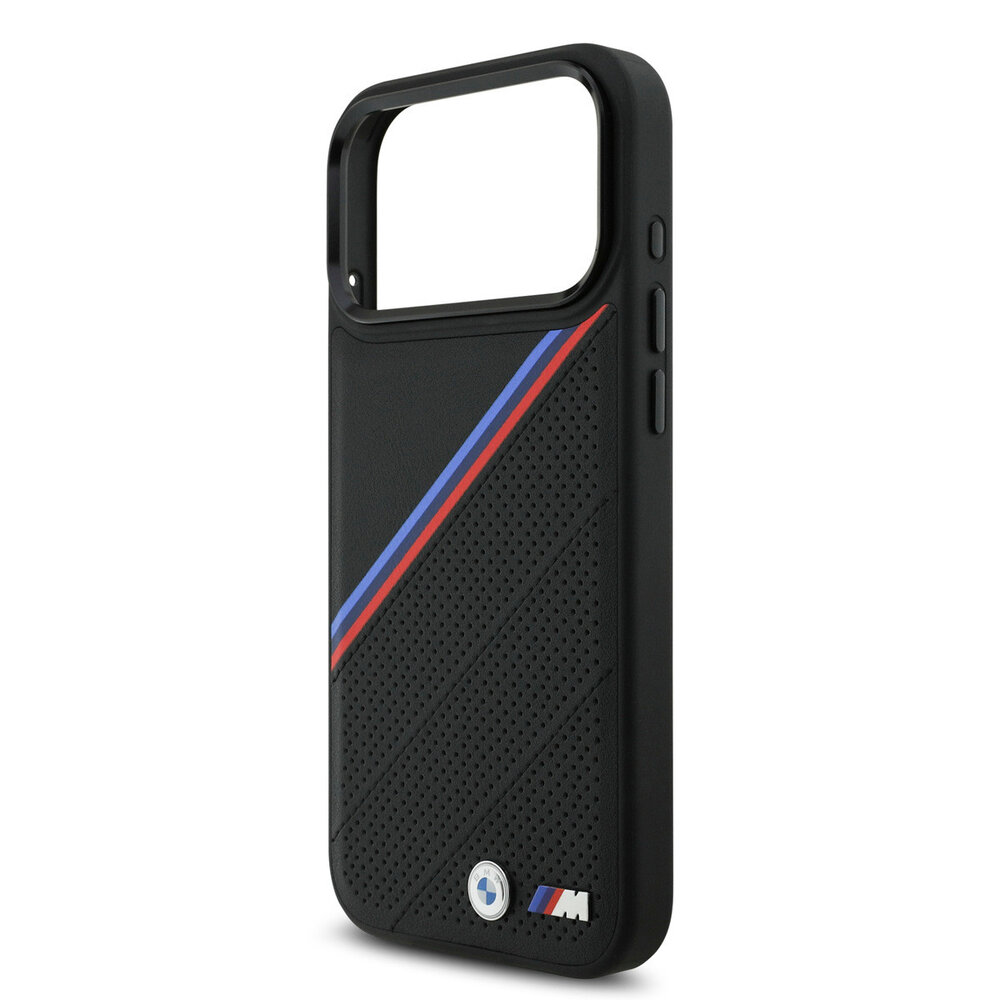 BMW BMW iPhone 17 Pro Max Back cover coque - MagSafe - PU Leather Case With Tricolor Slanted Stripes & Metal Logos - Noir BMW BMW iPhone 17 Pro Max Back cover coque - MagSafe - PU Leather Case With Tricolor Slanted Stripes & Metal Logos - Noir