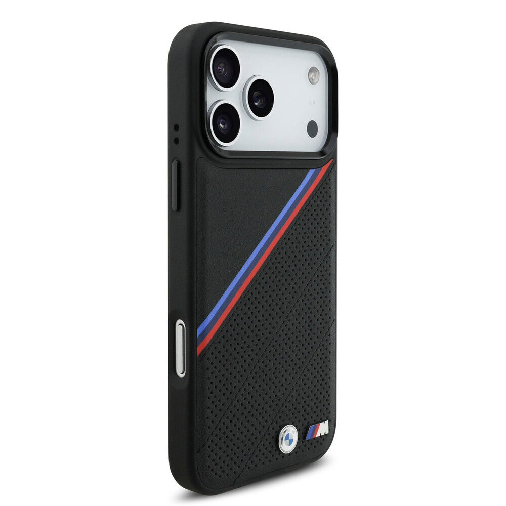 BMW BMW iPhone 17 Pro Max Back cover coque - MagSafe - PU Leather Case With Tricolor Slanted Stripes & Metal Logos - Noir BMW BMW iPhone 17 Pro Max Back cover coque - MagSafe - PU Leather Case With Tricolor Slanted Stripes & Metal Logos - Noir
