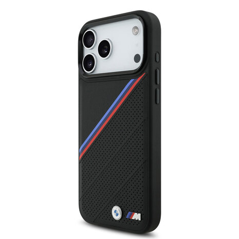 BMW BMW iPhone 17 Pro Max Back cover coque - MagSafe - PU Leather Case With Tricolor Slanted Stripes & Metal Logos - Noir BMW BMW iPhone 17 Pro Max Back cover coque - MagSafe - PU Leather Case With Tricolor Slanted Stripes & Metal Logos - Noir