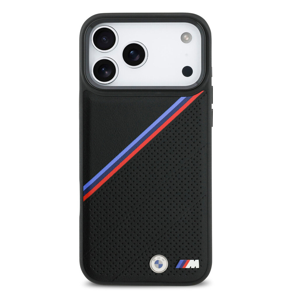 BMW BMW iPhone 17 Pro Max Back cover coque - MagSafe - PU Leather Case With Tricolor Slanted Stripes & Metal Logos - Noir BMW BMW iPhone 17 Pro Max Back cover coque - MagSafe - PU Leather Case With Tricolor Slanted Stripes & Metal Logos - Noir