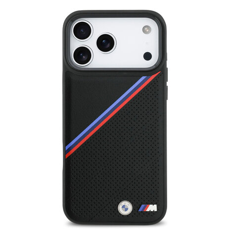BMW BMW iPhone 17 Pro Max Back cover coque - MagSafe - PU Leather Case With Tricolor Slanted Stripes & Metal Logos - Noir BMW BMW iPhone 17 Pro Max Back cover coque - MagSafe - PU Leather Case With Tricolor Slanted Stripes & Metal Logos - Noir