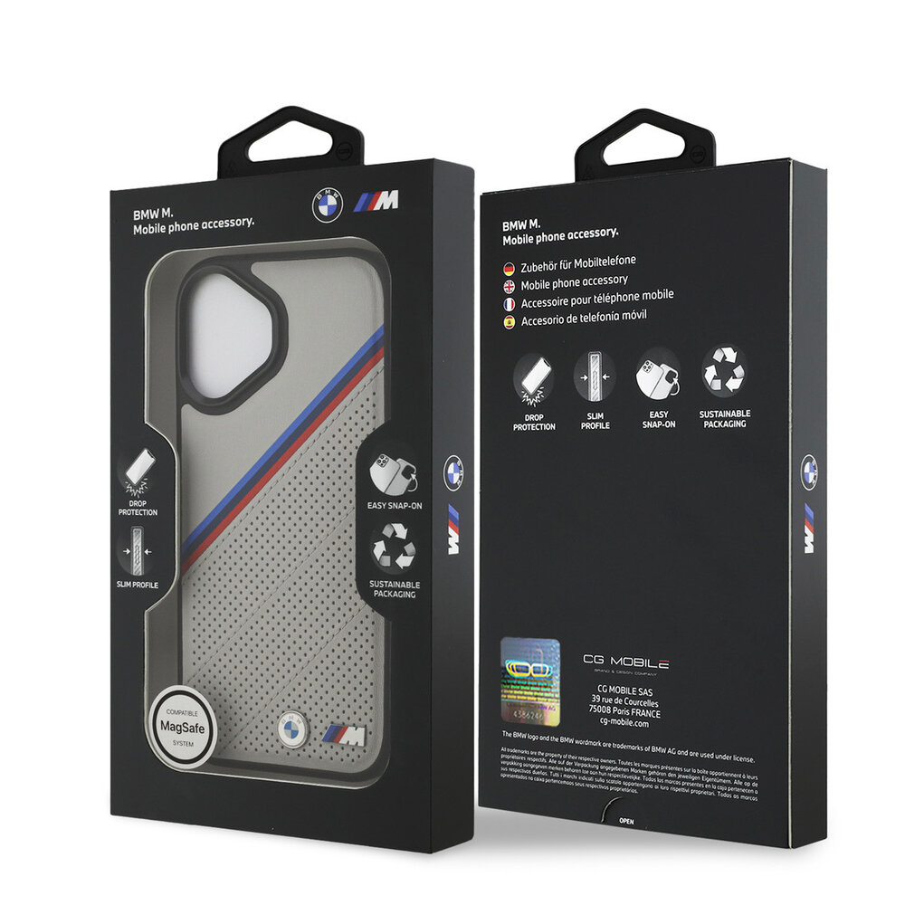 BMW BMW iPhone 17 Backcover hoesje - MagSafe - PU Leather Case With Tricolor Slanted Stripes & Metal Logos - Grijs