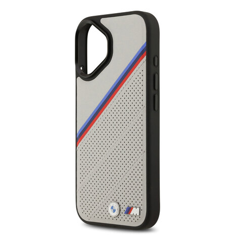BMW BMW iPhone 17 Backcover hoesje - MagSafe - PU Leather Case With Tricolor Slanted Stripes & Metal Logos - Grijs
