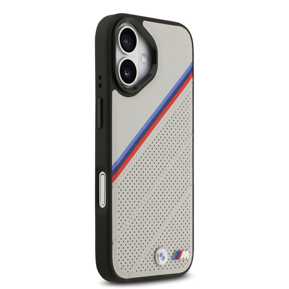 BMW BMW iPhone 17 Backcover hoesje - MagSafe - PU Leather Case With Tricolor Slanted Stripes & Metal Logos - Grijs