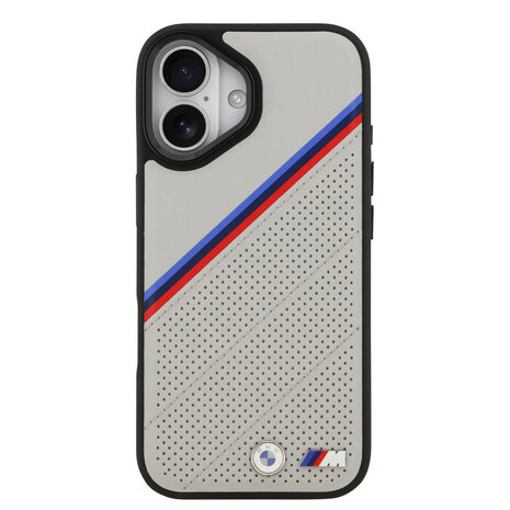 BMW BMW iPhone 17 Backcover hoesje - MagSafe - PU Leather Case With Tricolor Slanted Stripes & Metal Logos - Grijs