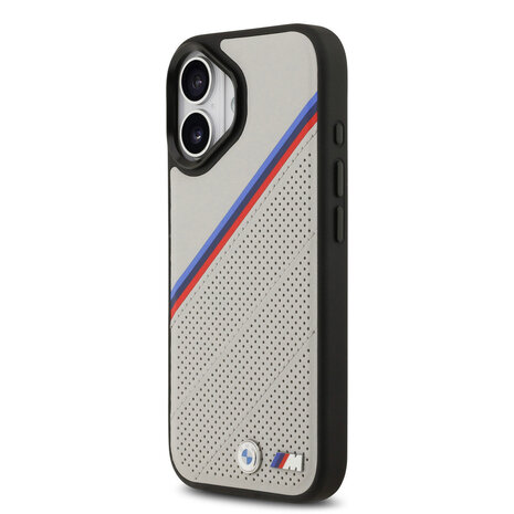 BMW BMW iPhone 17 Back cover coque - MagSafe - PU Leather Case With Tricolor Slanted Stripes & Metal Logos - Gris BMW BMW iPhone 17 Back cover coque - MagSafe - PU Leather Case With Tricolor Slanted Stripes & Metal Logos - Gris
