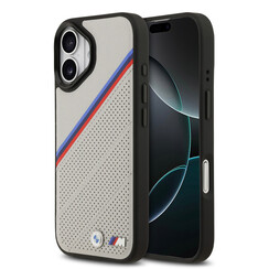 BMW iPhone 17 Backcover hoesje - MagSafe - PU Leather Case With Tricolor Slanted Stripes & Metal Logos - Grijs