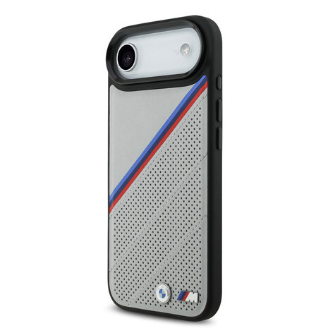 BMW BMW iPhone 17 Air Back cover coque - MagSafe - PU Leather Case With Tricolor Slanted Stripes & Metal Logos - Gris