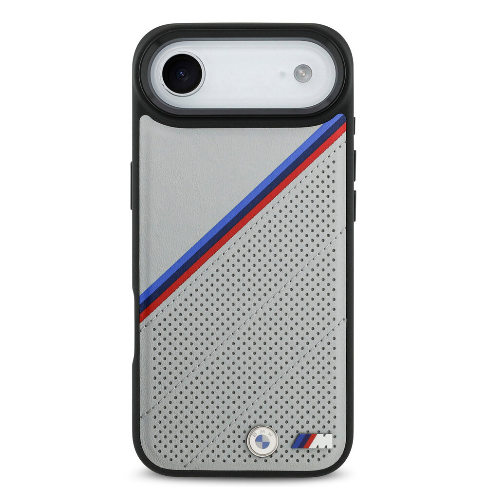 BMW BMW iPhone 17 Air Backcover hoesje - MagSafe - PU Leather Case With Tricolor Slanted Stripes & Metal Logos - Grijs BMW BMW iPhone 17 Air Backcover hoesje - MagSafe - PU Leather Case With Tricolor Slanted Stripes & Metal Logos - Grijs