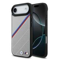 BMW iPhone 17 Air Back cover case - MagSafe - PU Leather Case With Tricolor Slanted Stripes & Metal Logos - Grey