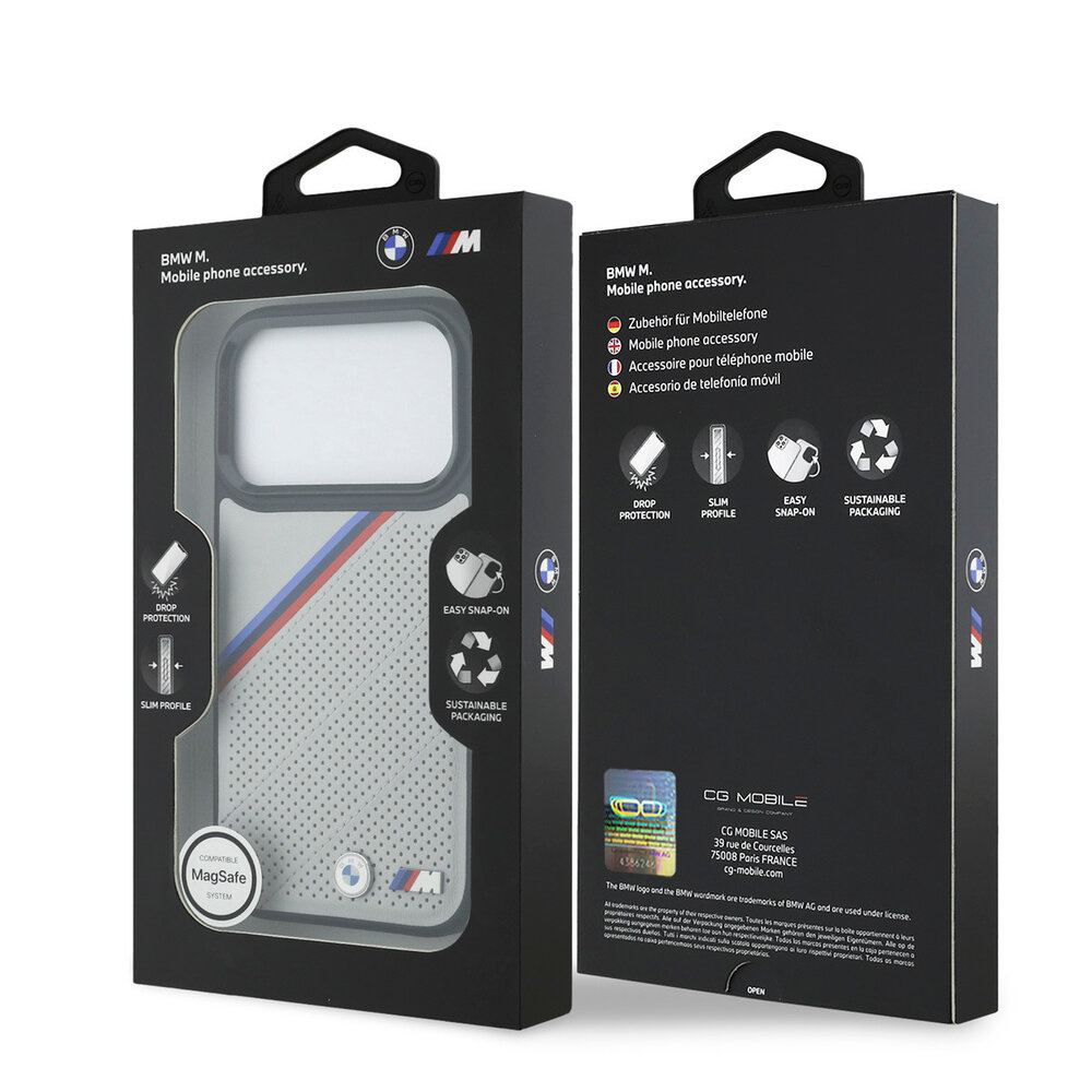 BMW BMW iPhone 17 Pro Backcover hoesje - MagSafe - PU Leather Case With Tricolor Slanted Stripes & Metal Logos - Grijs BMW BMW iPhone 17 Pro Backcover hoesje - MagSafe - PU Leather Case With Tricolor Slanted Stripes & Metal Logos - Grijs