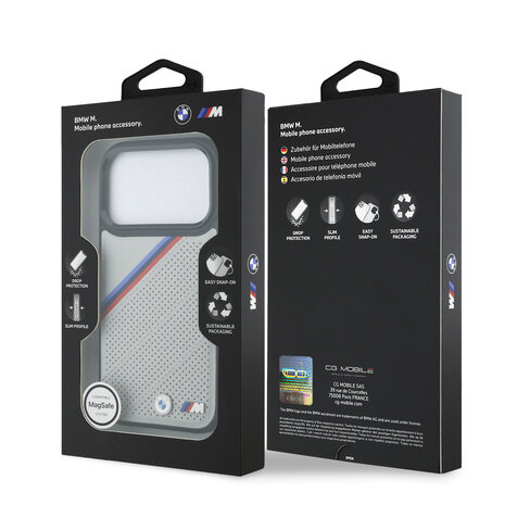 BMW BMW iPhone 17 Pro Backcover hoesje - MagSafe - PU Leather Case With Tricolor Slanted Stripes & Metal Logos - Grijs BMW BMW iPhone 17 Pro Backcover hoesje - MagSafe - PU Leather Case With Tricolor Slanted Stripes & Metal Logos - Grijs
