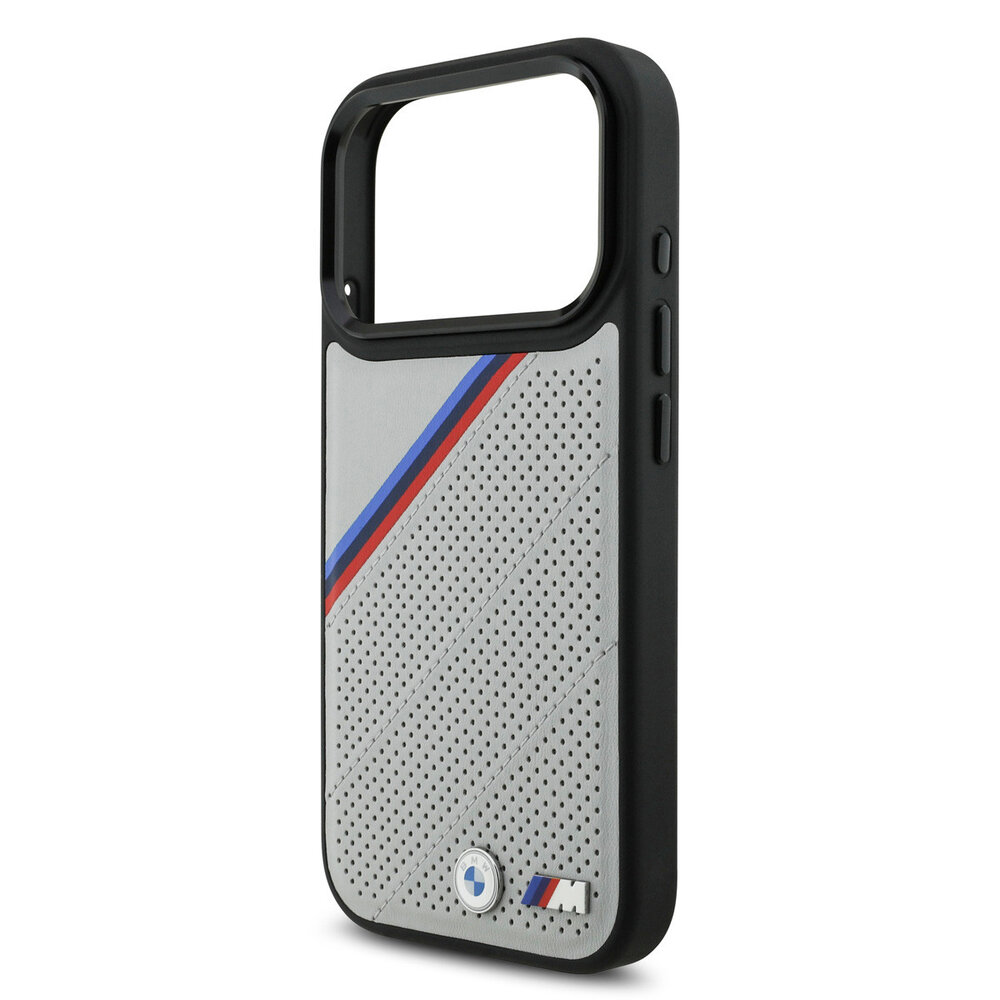 BMW BMW iPhone 17 Pro Backcover hoesje - MagSafe - PU Leather Case With Tricolor Slanted Stripes & Metal Logos - Grijs BMW BMW iPhone 17 Pro Backcover hoesje - MagSafe - PU Leather Case With Tricolor Slanted Stripes & Metal Logos - Grijs