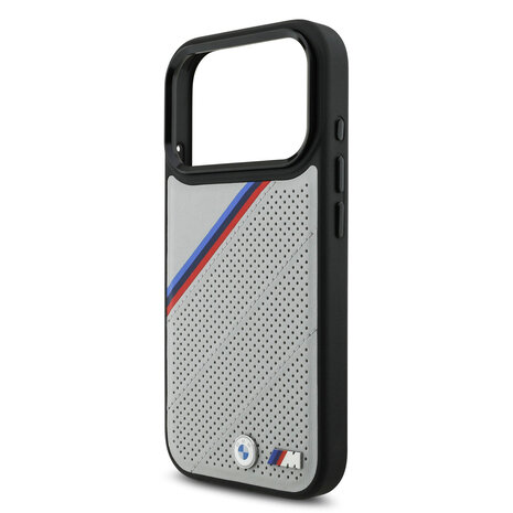 BMW BMW iPhone 17 Pro Backcover hoesje - MagSafe - PU Leather Case With Tricolor Slanted Stripes & Metal Logos - Grijs BMW BMW iPhone 17 Pro Backcover hoesje - MagSafe - PU Leather Case With Tricolor Slanted Stripes & Metal Logos - Grijs