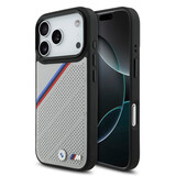 BMW BMW iPhone 17 Pro Back cover coque - MagSafe - PU Leather Case With Tricolor Slanted Stripes & Metal Logos - Gris BMW BMW iPhone 17 Pro Back cover coque - MagSafe - PU Leather Case With Tricolor Slanted Stripes & Metal Logos - Gris