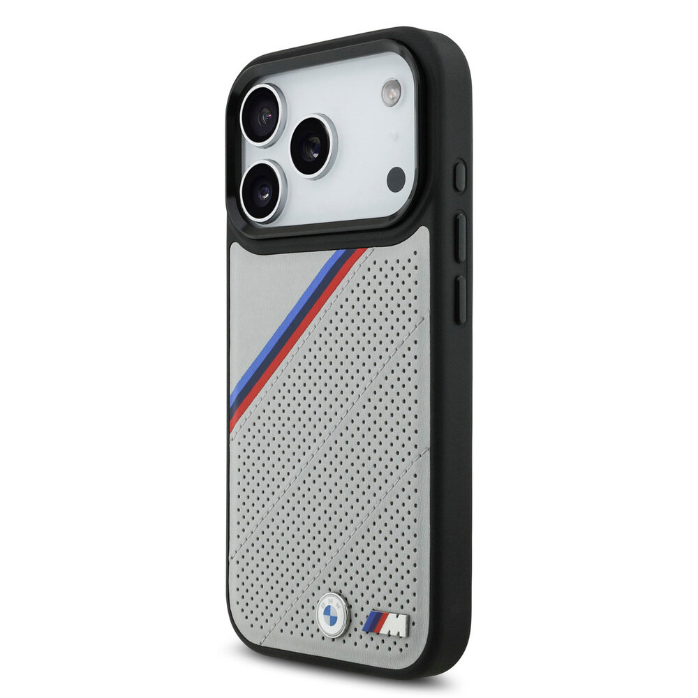 BMW BMW iPhone 17 Pro Backcover hoesje - MagSafe - PU Leather Case With Tricolor Slanted Stripes & Metal Logos - Grijs BMW BMW iPhone 17 Pro Backcover hoesje - MagSafe - PU Leather Case With Tricolor Slanted Stripes & Metal Logos - Grijs