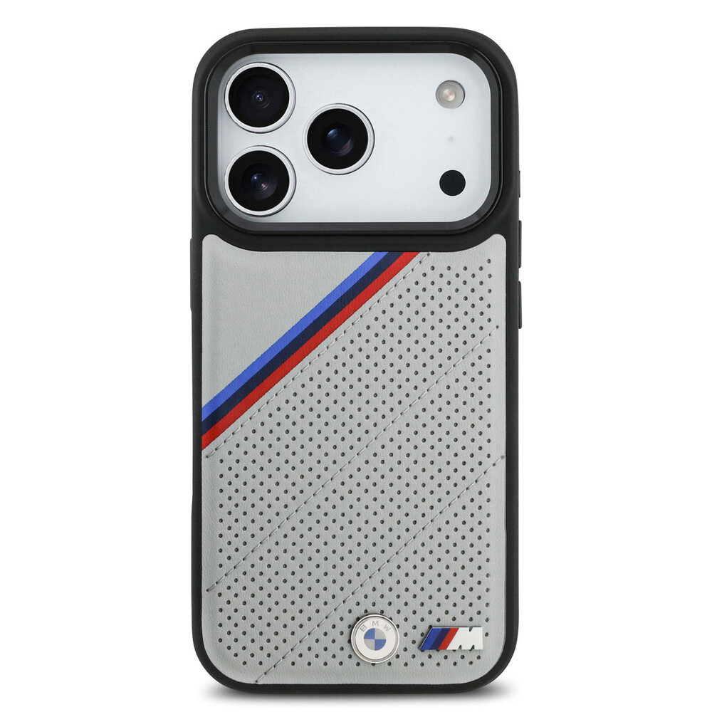 BMW BMW iPhone 17 Pro Backcover hoesje - MagSafe - PU Leather Case With Tricolor Slanted Stripes & Metal Logos - Grijs BMW BMW iPhone 17 Pro Backcover hoesje - MagSafe - PU Leather Case With Tricolor Slanted Stripes & Metal Logos - Grijs